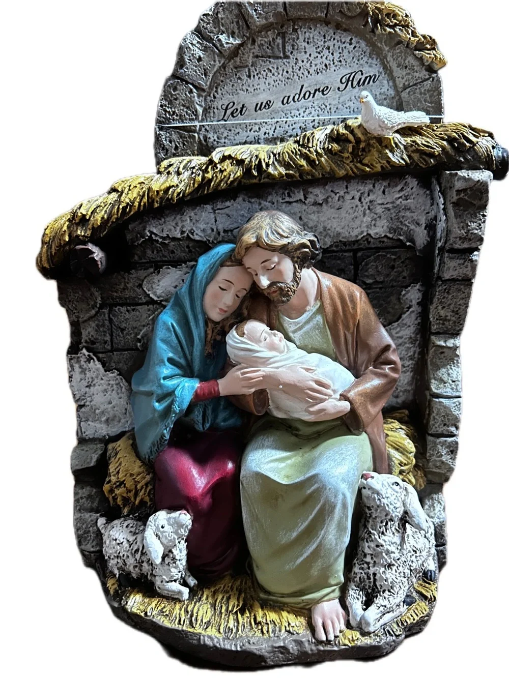 Roman ~ Mary and Joseph Holding Baby Jesus in Crèche with Lambs 10